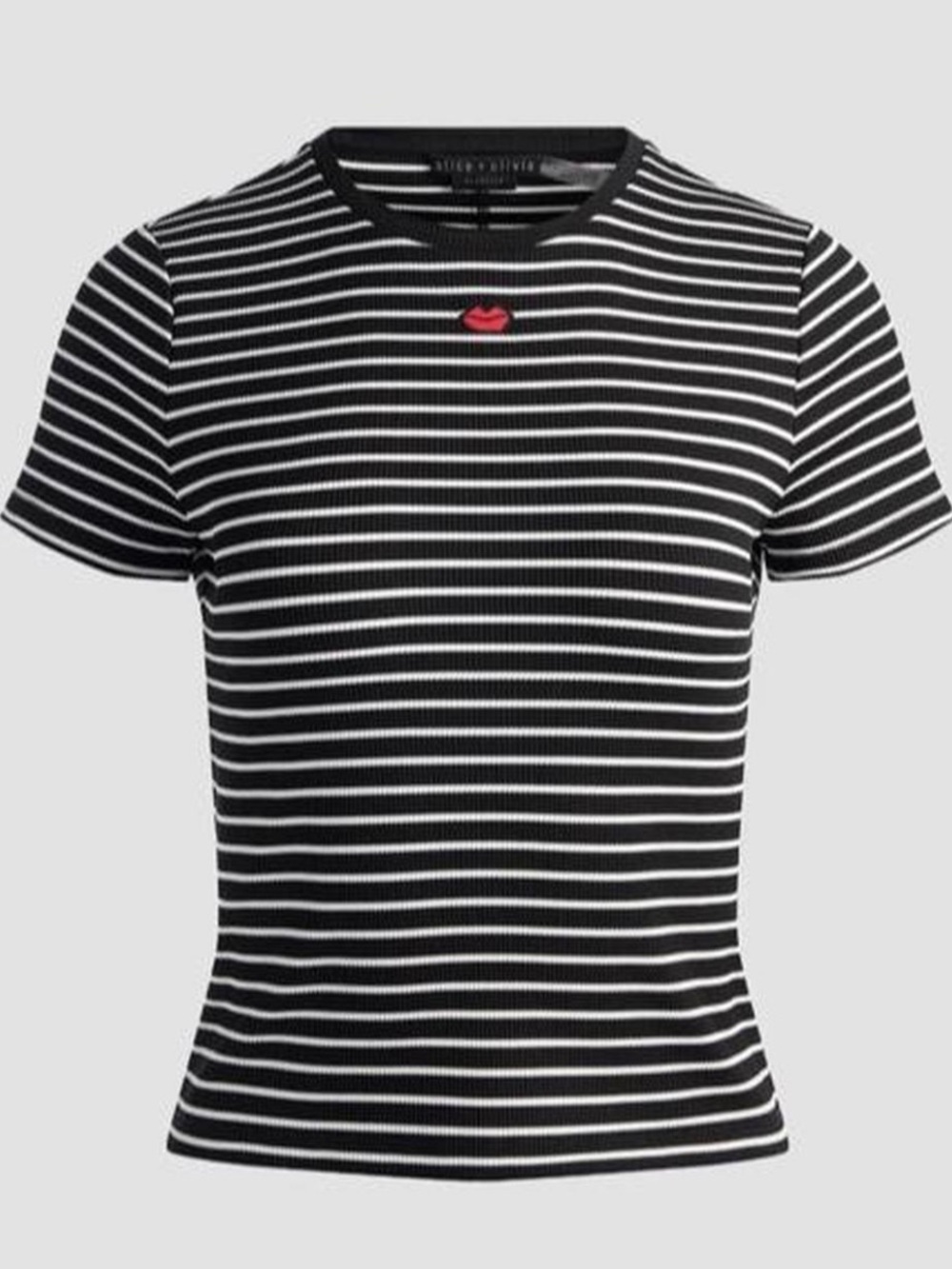Alice + Olivia Black & White Striped Short Sleeve Tee with Red Lip Detail